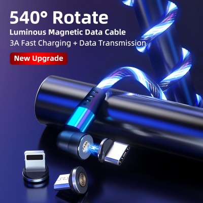 Magnetic 3 in 1 540° Rotation Led Flowing Light Data Transfer Charge Cable(Type-C, Micro USB, iProduct) 