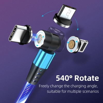 Magnetic 3 in 1 540° Rotation Led Flowing Light Data Transfer Charge Cable(Type-C, Micro USB, iProduct) 